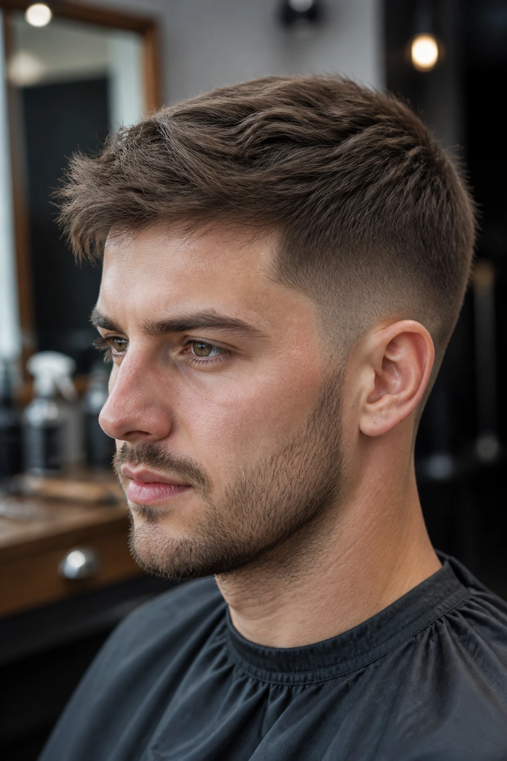 Man with ash brown tapered haircut.