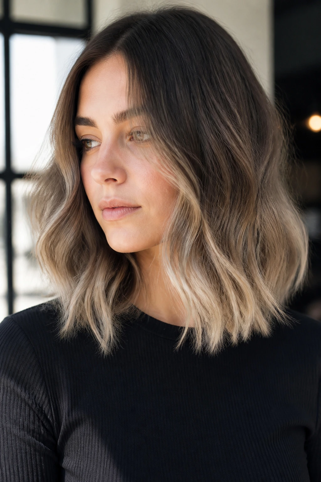 Close-up of ash brown hair with vanilla ends in cool light