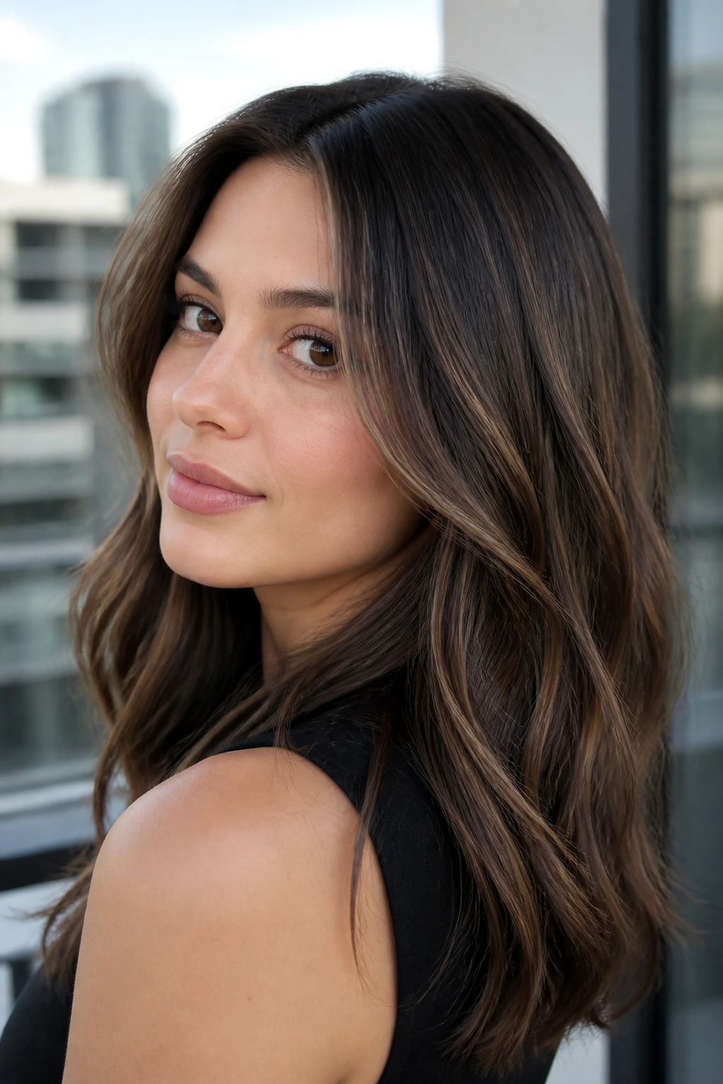 Close-up of a brunette with ash-brunette babylights