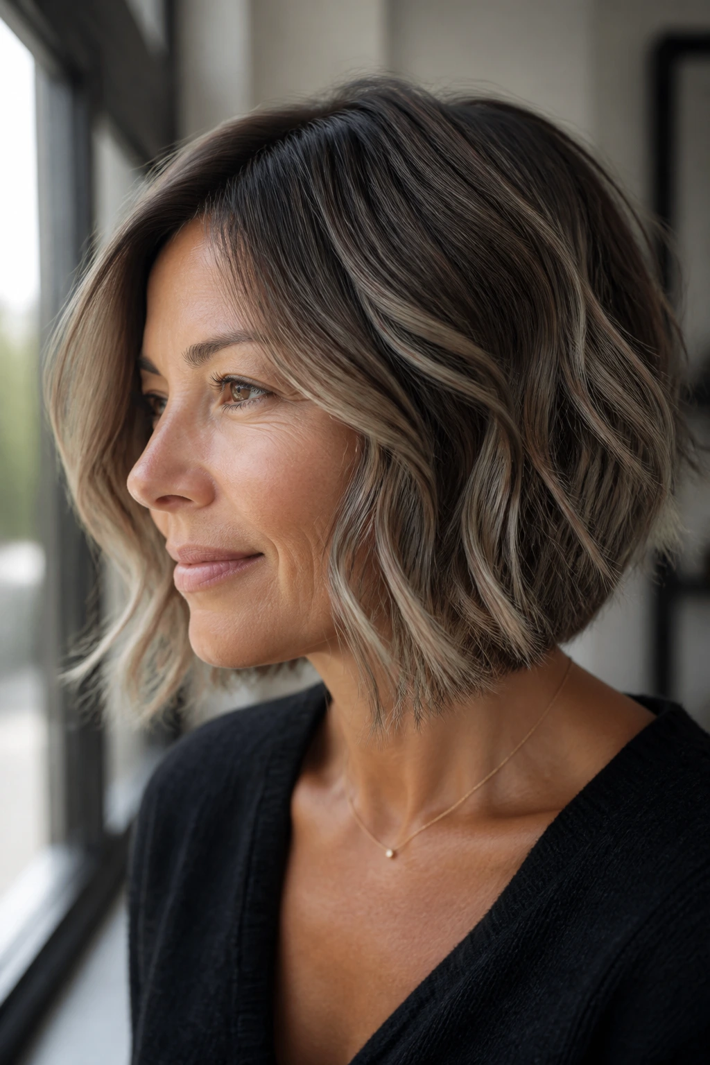 Close-up of a real woman with ash brunette balayage on a textured wavy bob in natural daylight