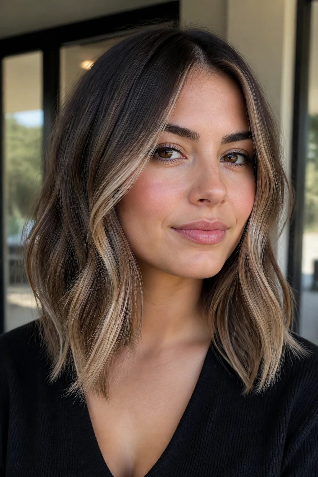 Close-up of a real woman with ash brunette balayage highlighting the face