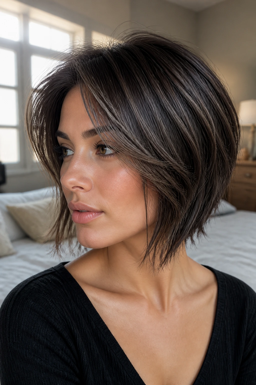 Close-up of a real woman with ash brunette balayage on a short layered bob