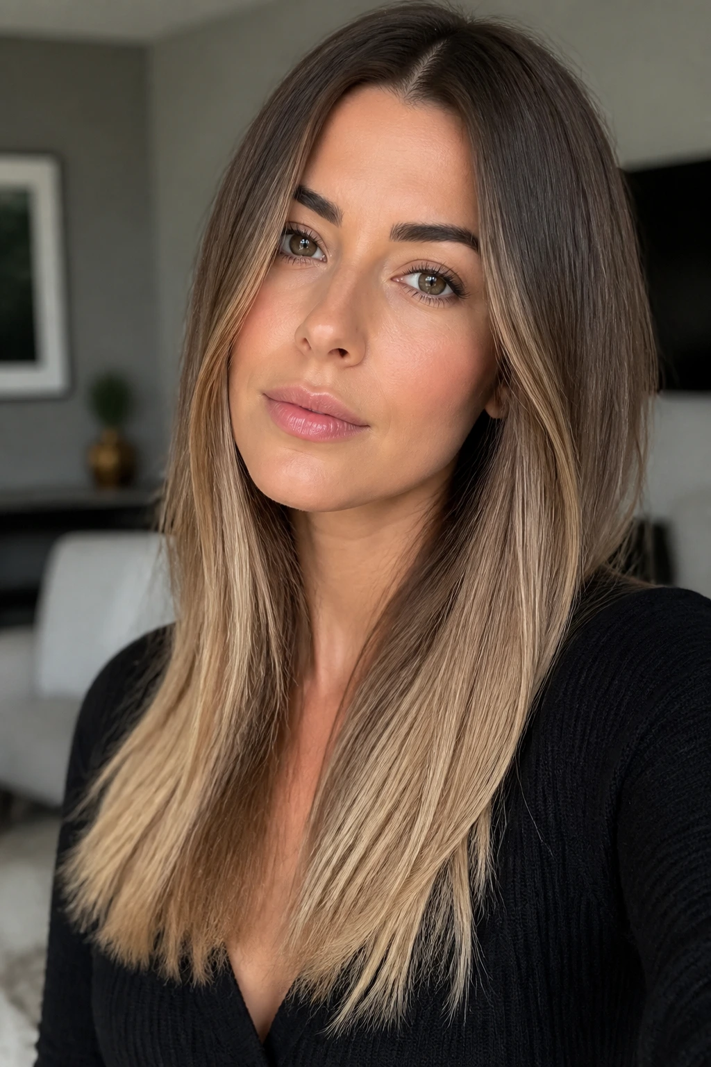 Close-up portrait of a real woman with ash brunette to beige blonde ombre on straight hair