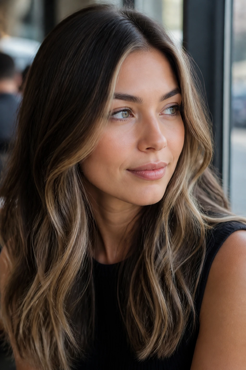 Portrait of a real person with ash brunette base and slim front highlights in daylight