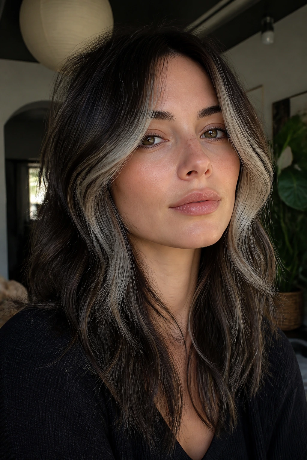 Portrait of ash brunette wolf cut with cool money pieces.