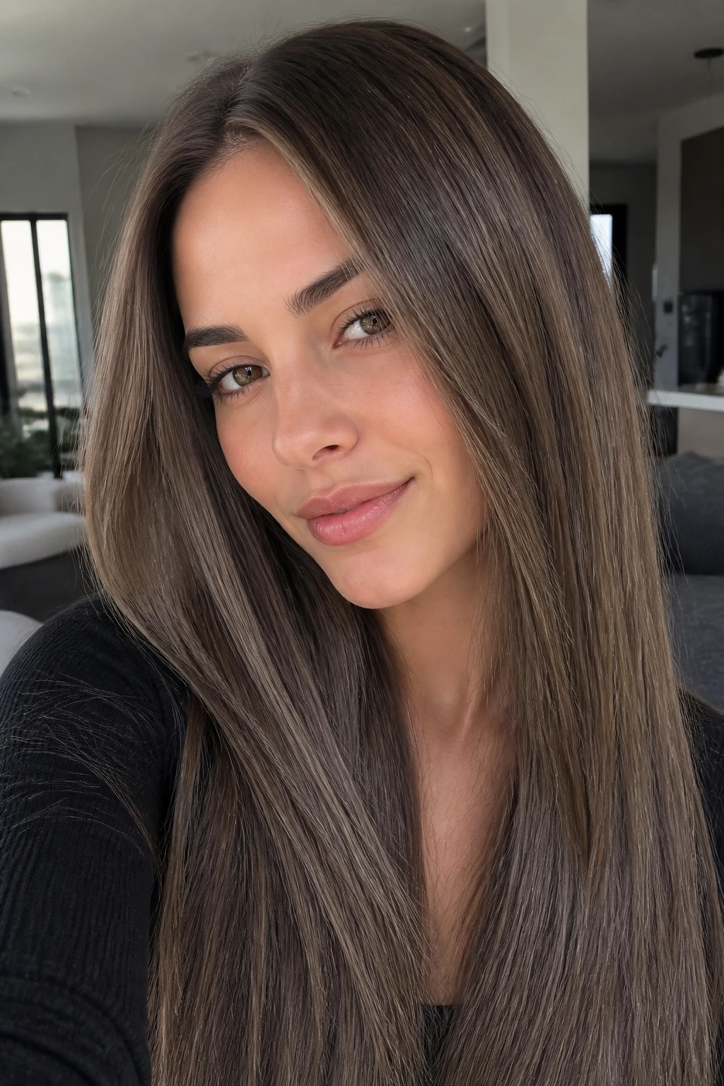Close-up of a real woman with ash brunette smoky depth in straight hair