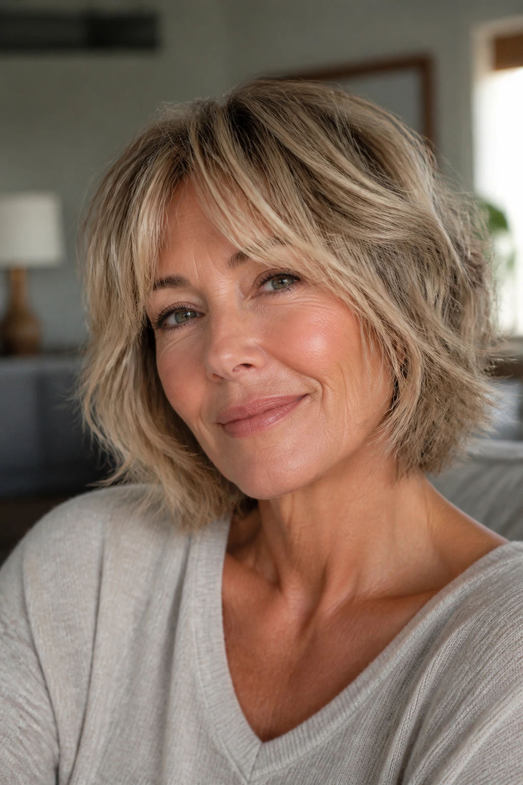 Portrait of a real woman with ash and buttery blonde shag bob.
