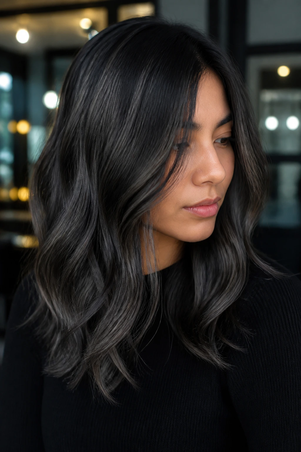 Close-up of ash-toned black hair framing the face in smoky charcoal veil