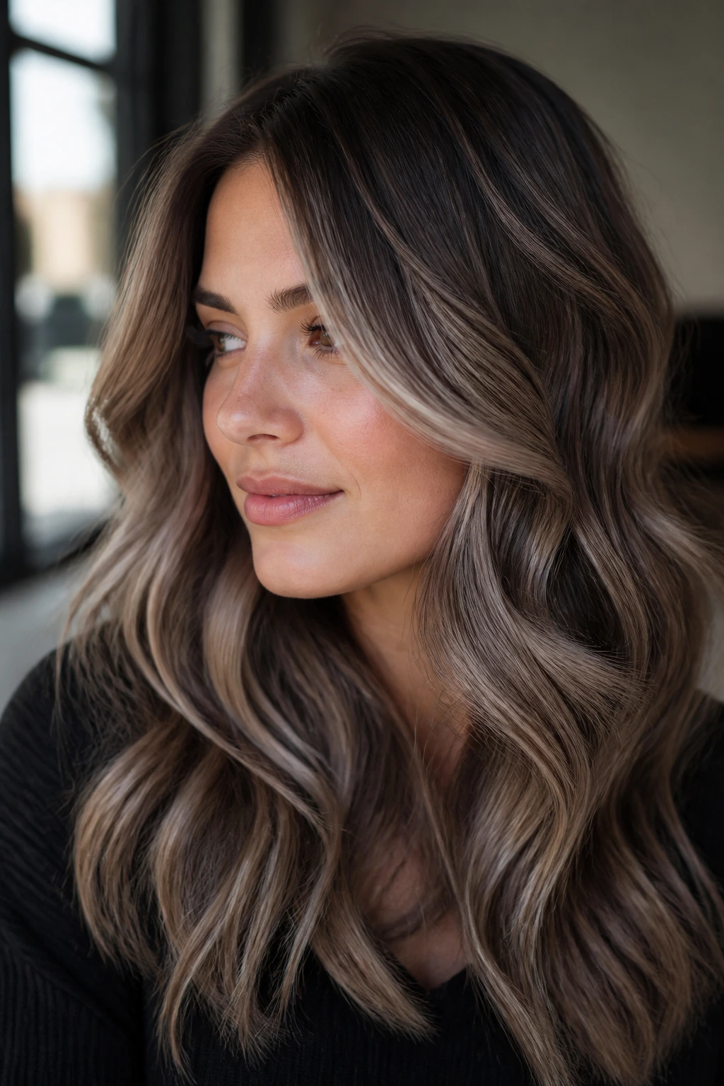 Portrait of a real woman with ash contour balayage framing the face