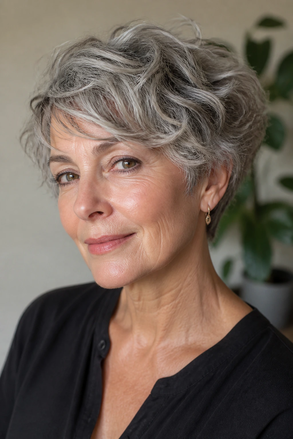 Close-up portrait of a person with a wavy ash-gray bixie in natural light.