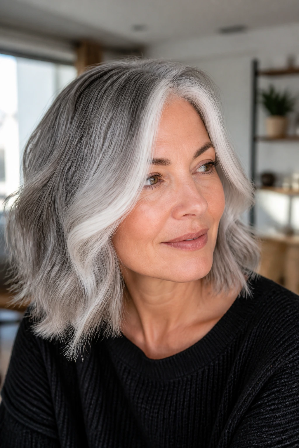 Close-up portrait of a real woman with ash gray hair and a white money piece
