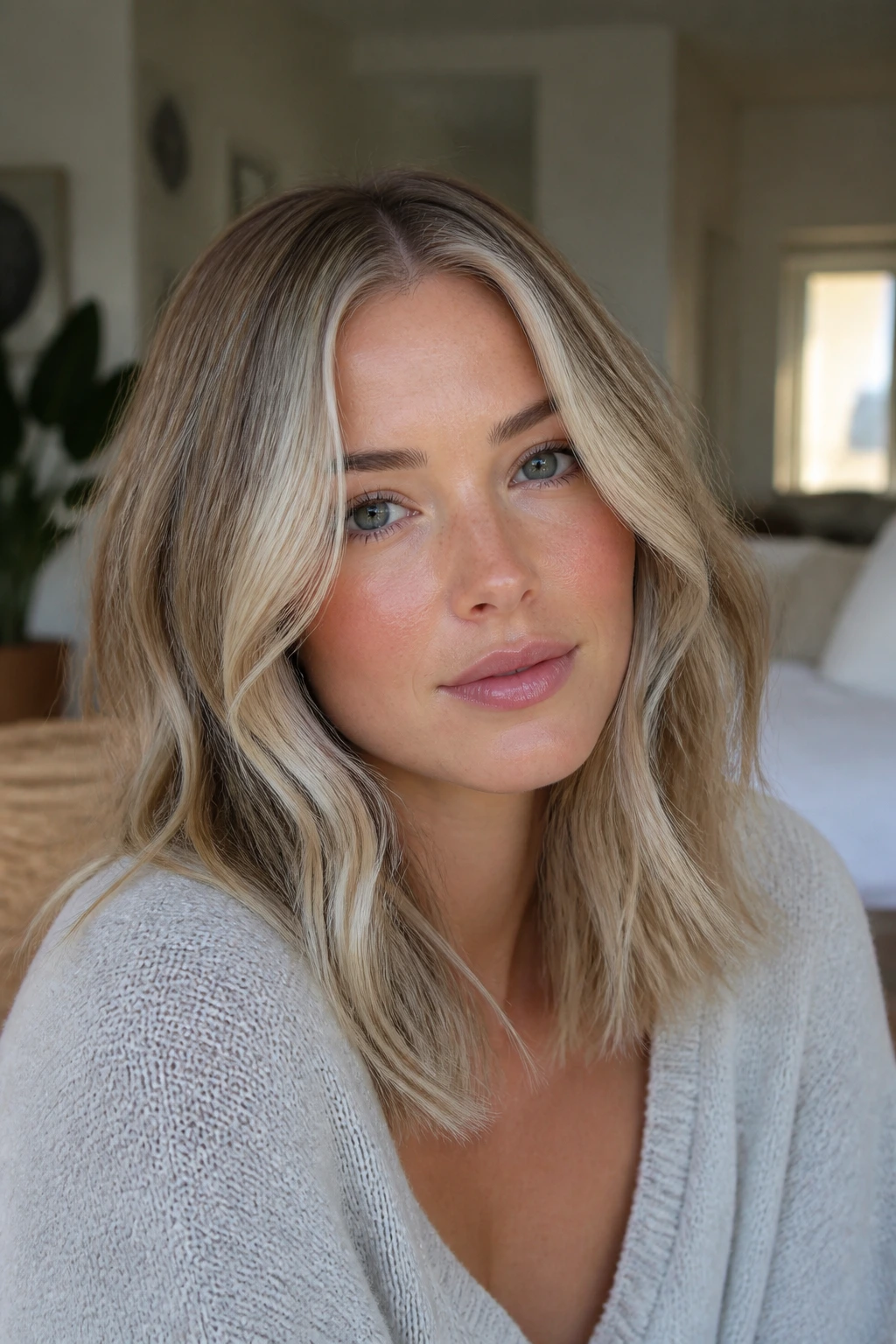 Close-up portrait of a real woman with ash toned face frame and babylights