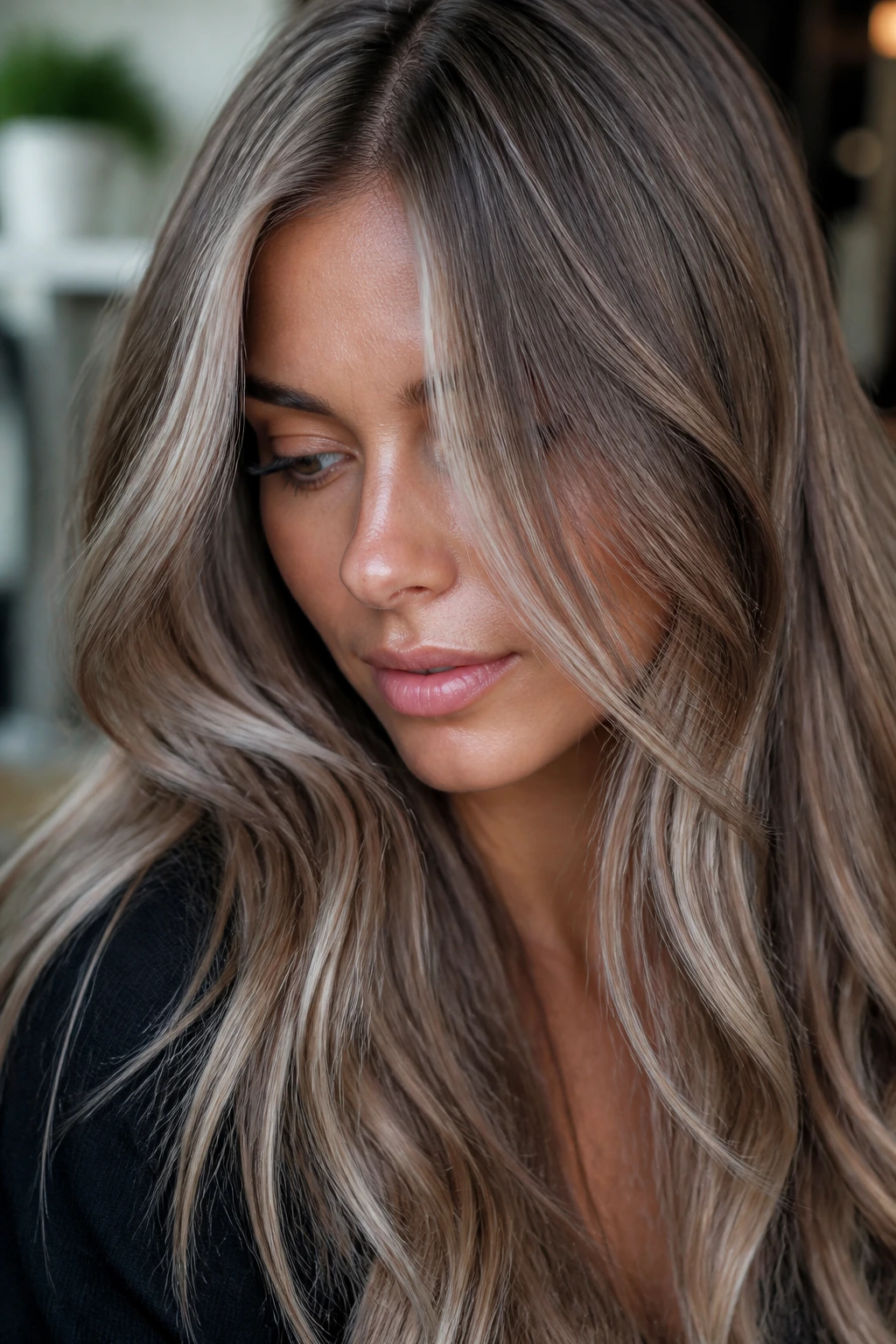 Close-up of glossy ash hair with face-framing pieces and high shine