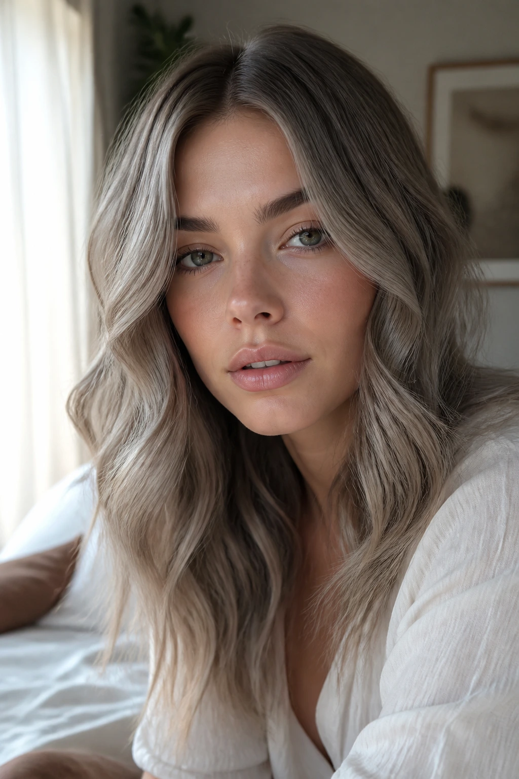 Close-up portrait of a real person with center-parted ash hair in soft natural daylight