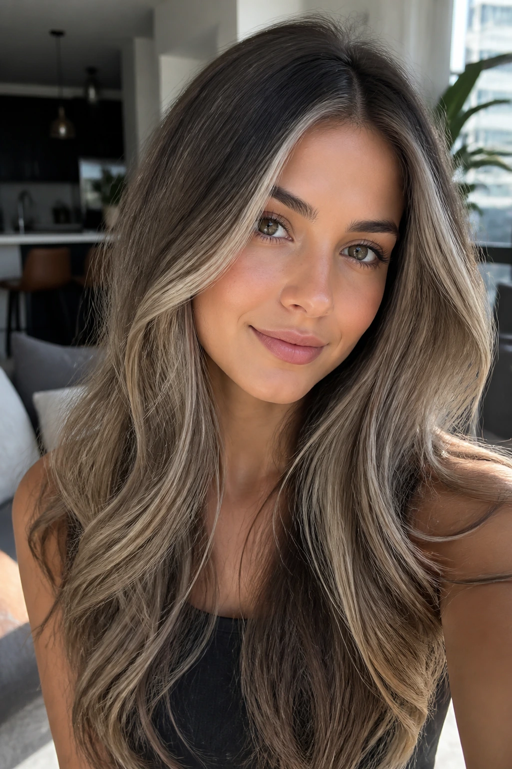 Portrait of ash hair with soft root shadow and face-framing lighter pieces