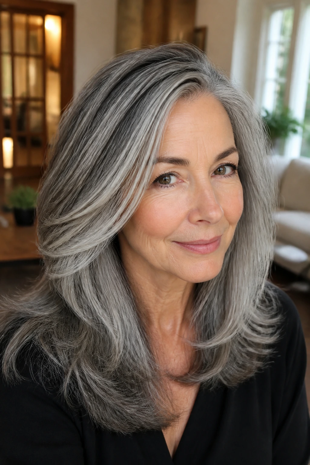 Close-up portrait of a real woman with thick gray hair showing ash pressed highlights.