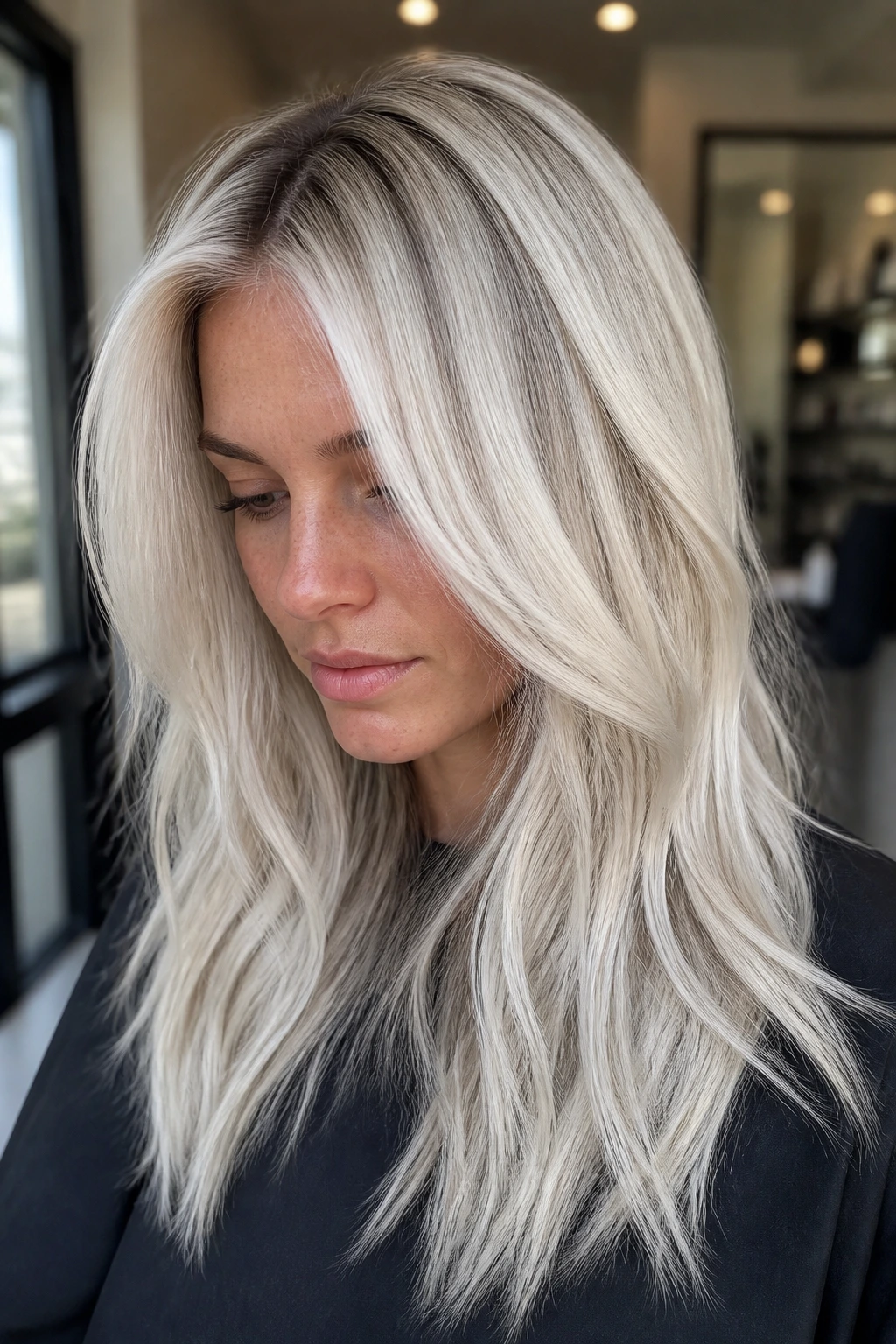 Close-up of a real woman with platinum hair and ash lowlights
