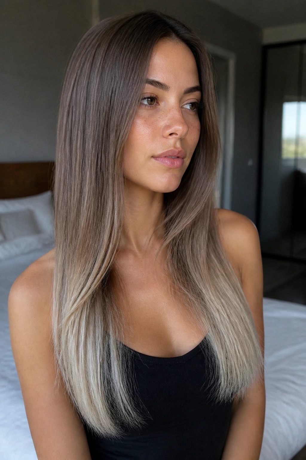 Portrait of a real woman with ash mocha hair and pearly ends on long straight hair