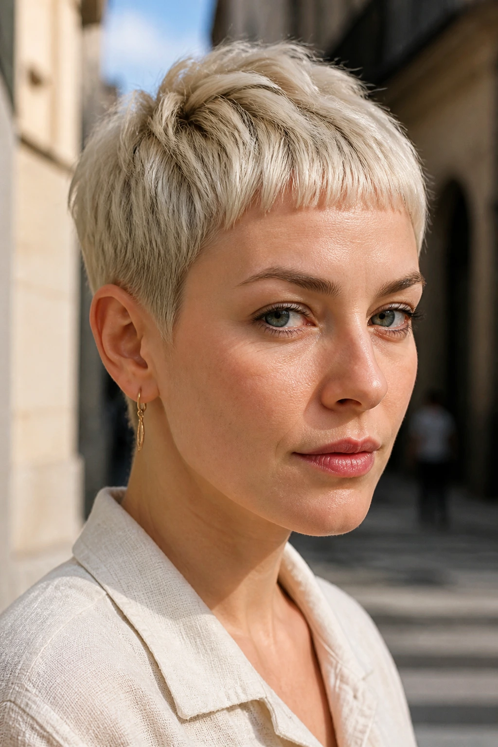 Close-up of a woman with ash blonde micro-fringe pixie.