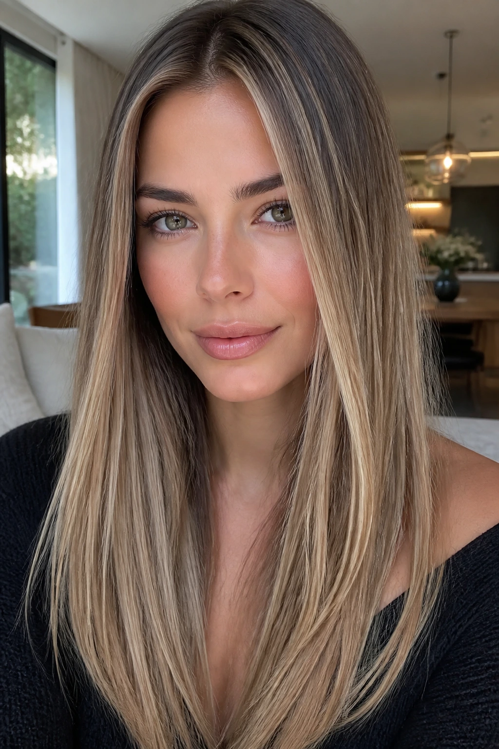 Real woman with ash ribbon highlights in blonde hair showing slender cool ribbons