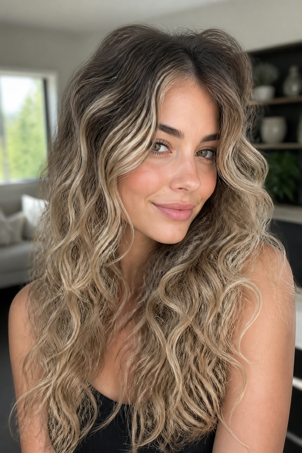Close-up portrait of a real woman with ash root shadow blonde and smoky roots