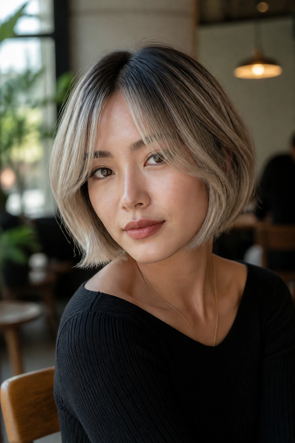 Close-up of a real woman with ash-rooted curtain-bang bob under soft daylight