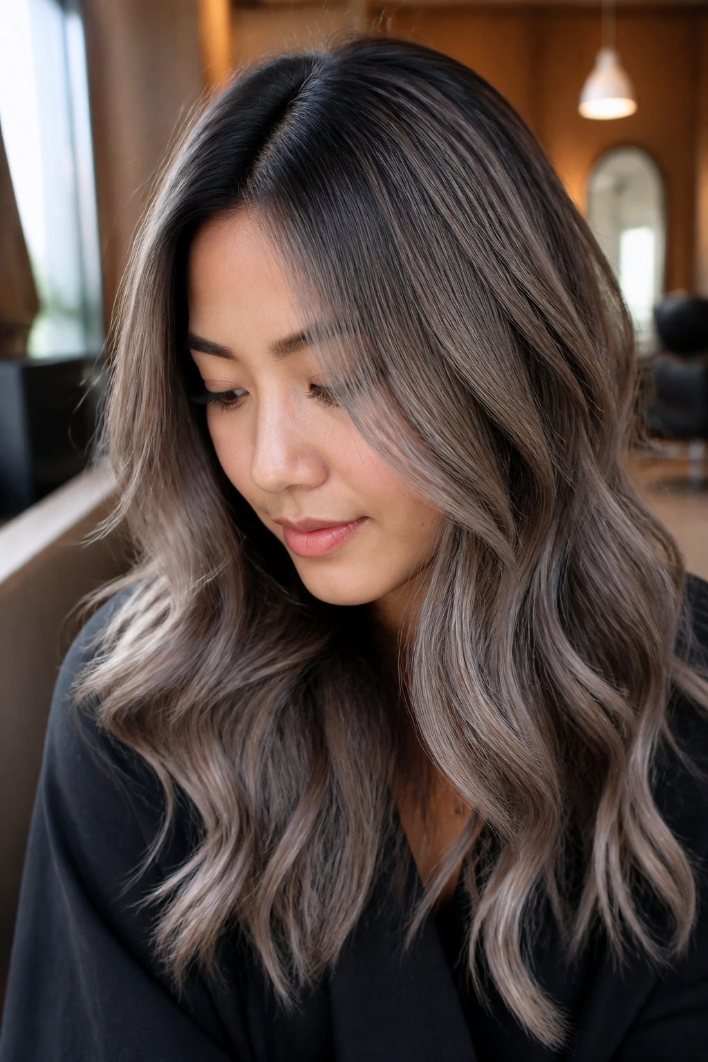 Close-up portrait of a real person with ashy hair tones, cool brunette to silver, in a salon.