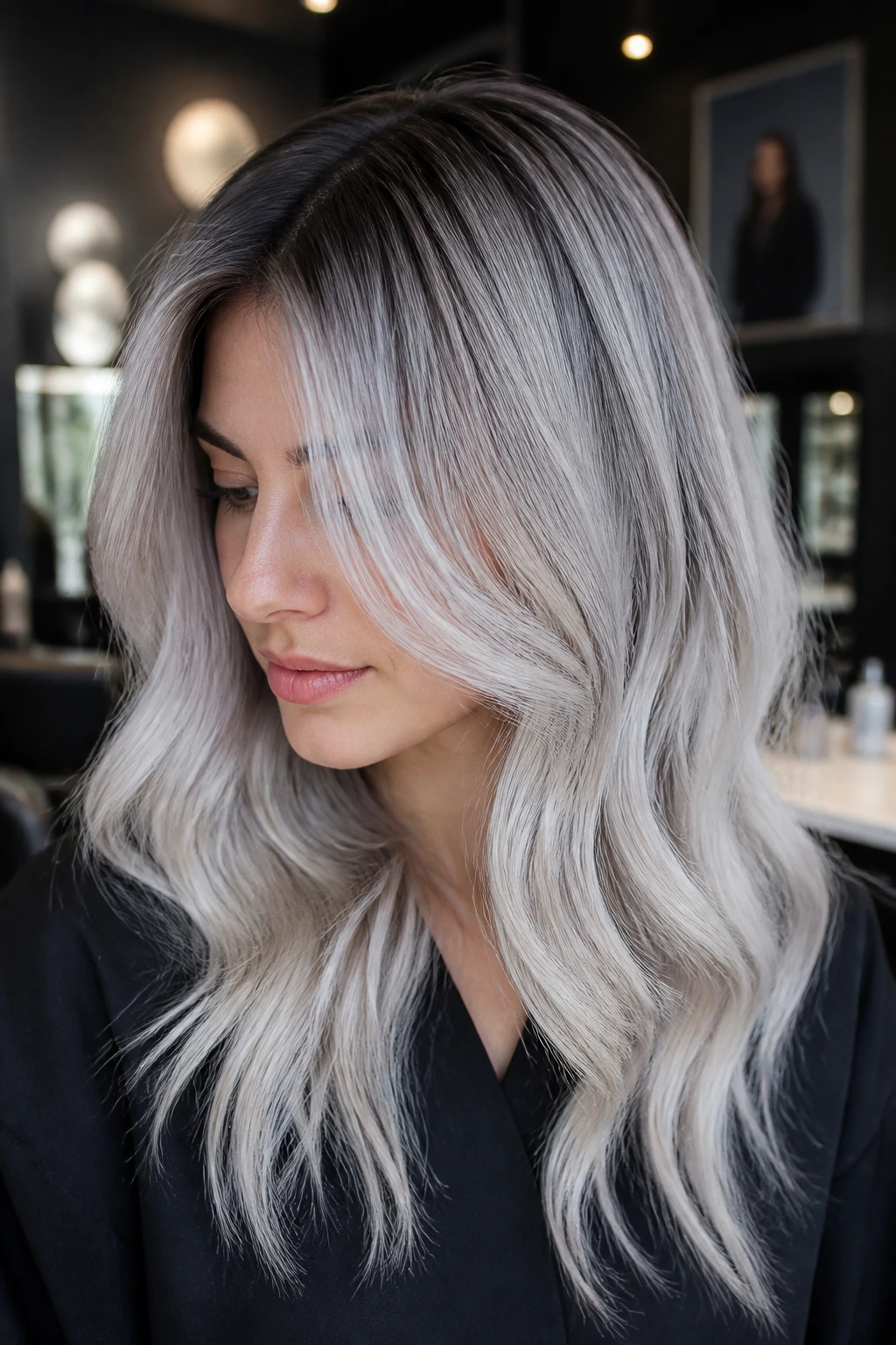Portrait of woman with ash silver hair and shadow root