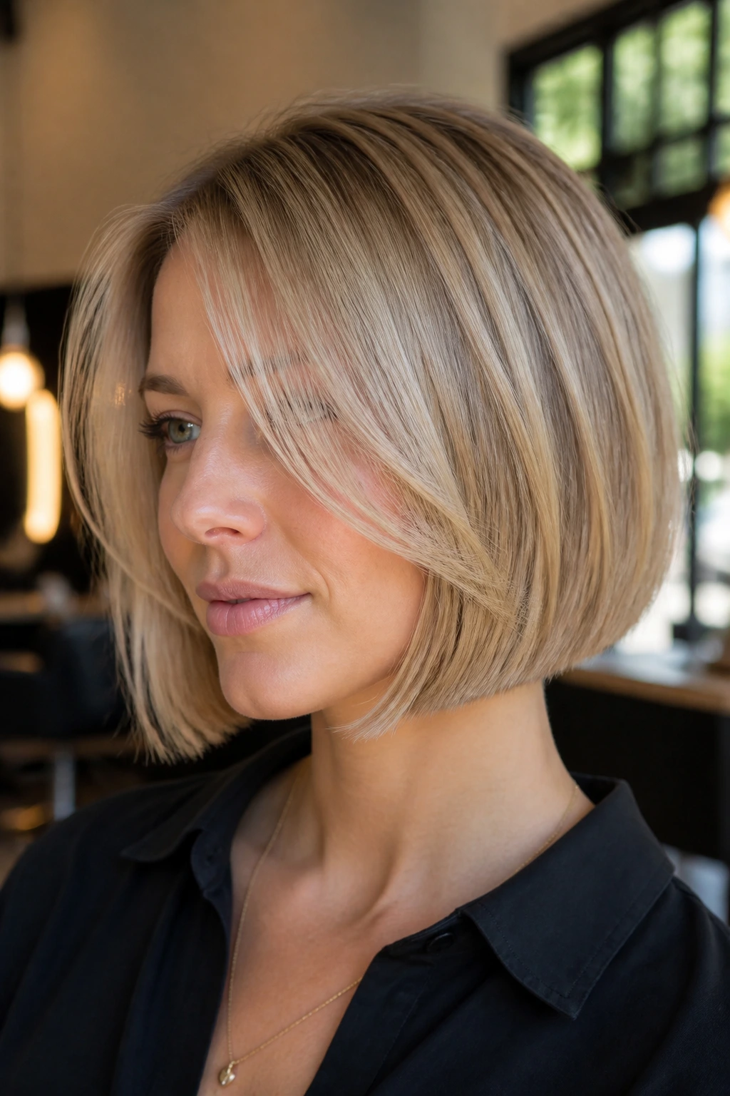 Close-up of a woman with ash-soft blonde bob in a modern salon