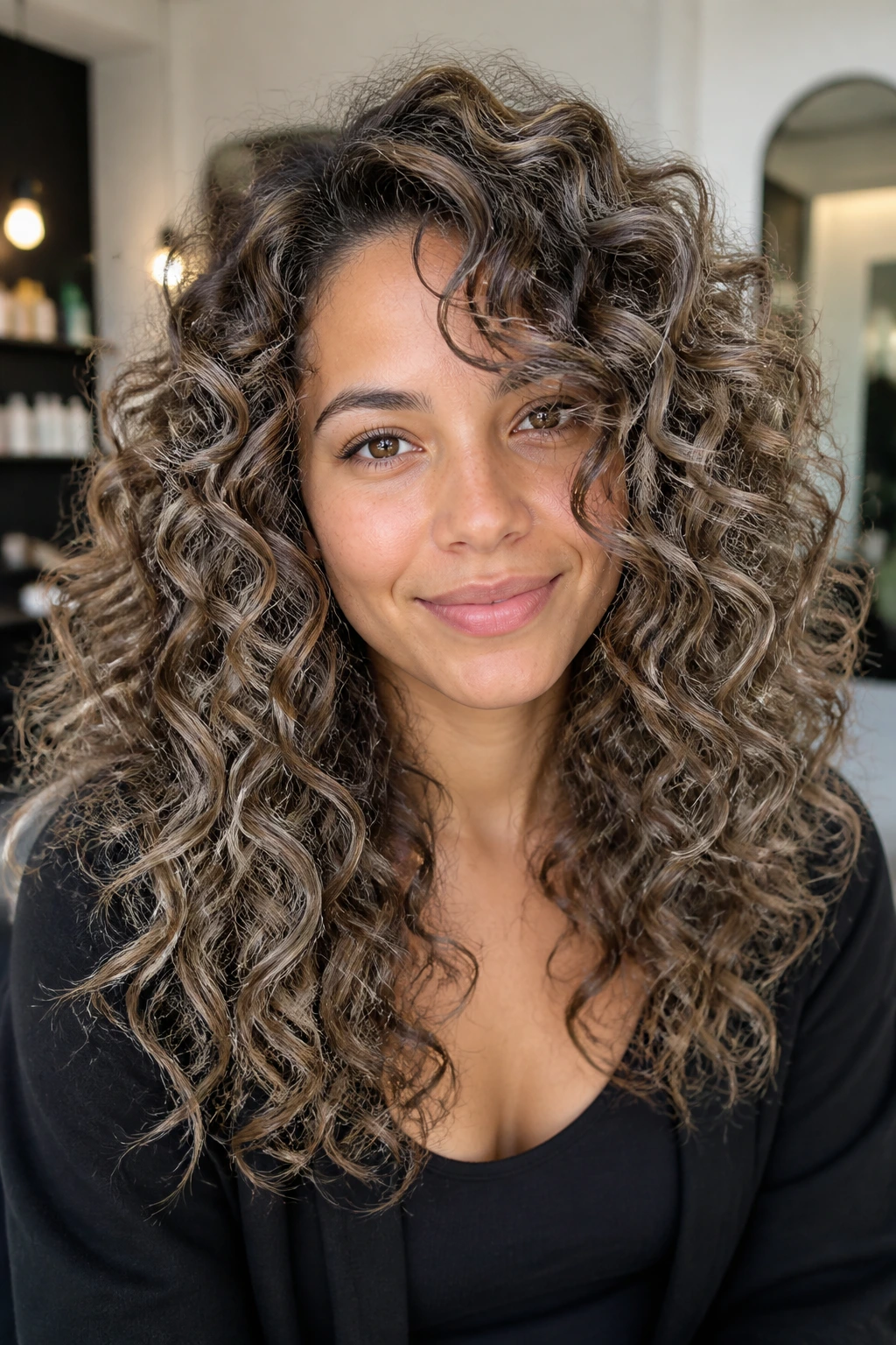 Ash taupe mushroom brown balayage curls on a real woman