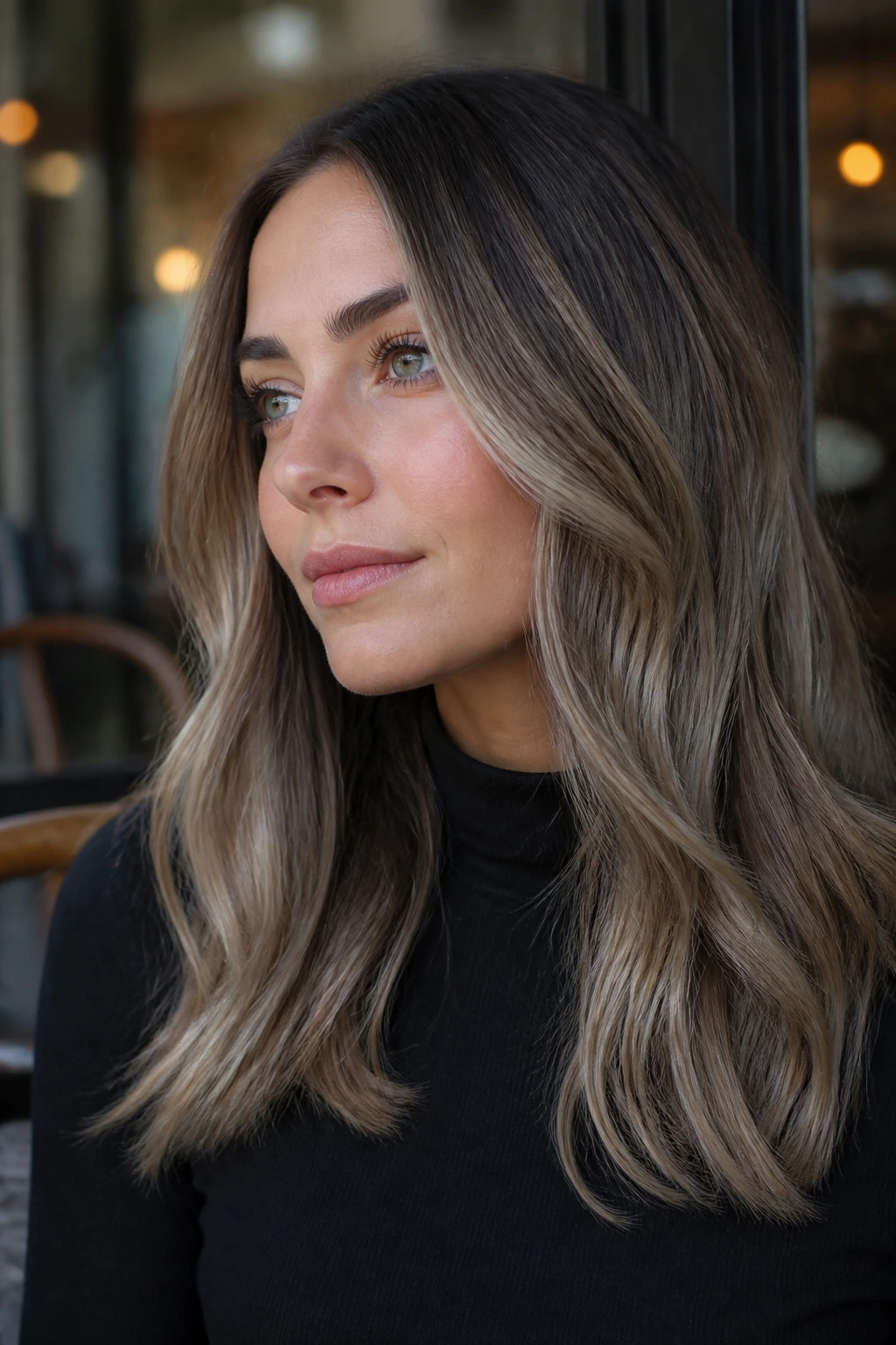 Close-up of a real woman with ashy bronde blend hair