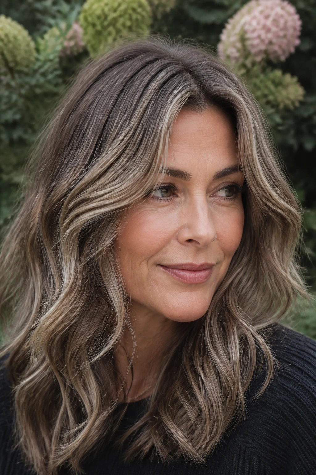 Close-up portrait of a real woman with ashy bronde hair and cool toned ribbons