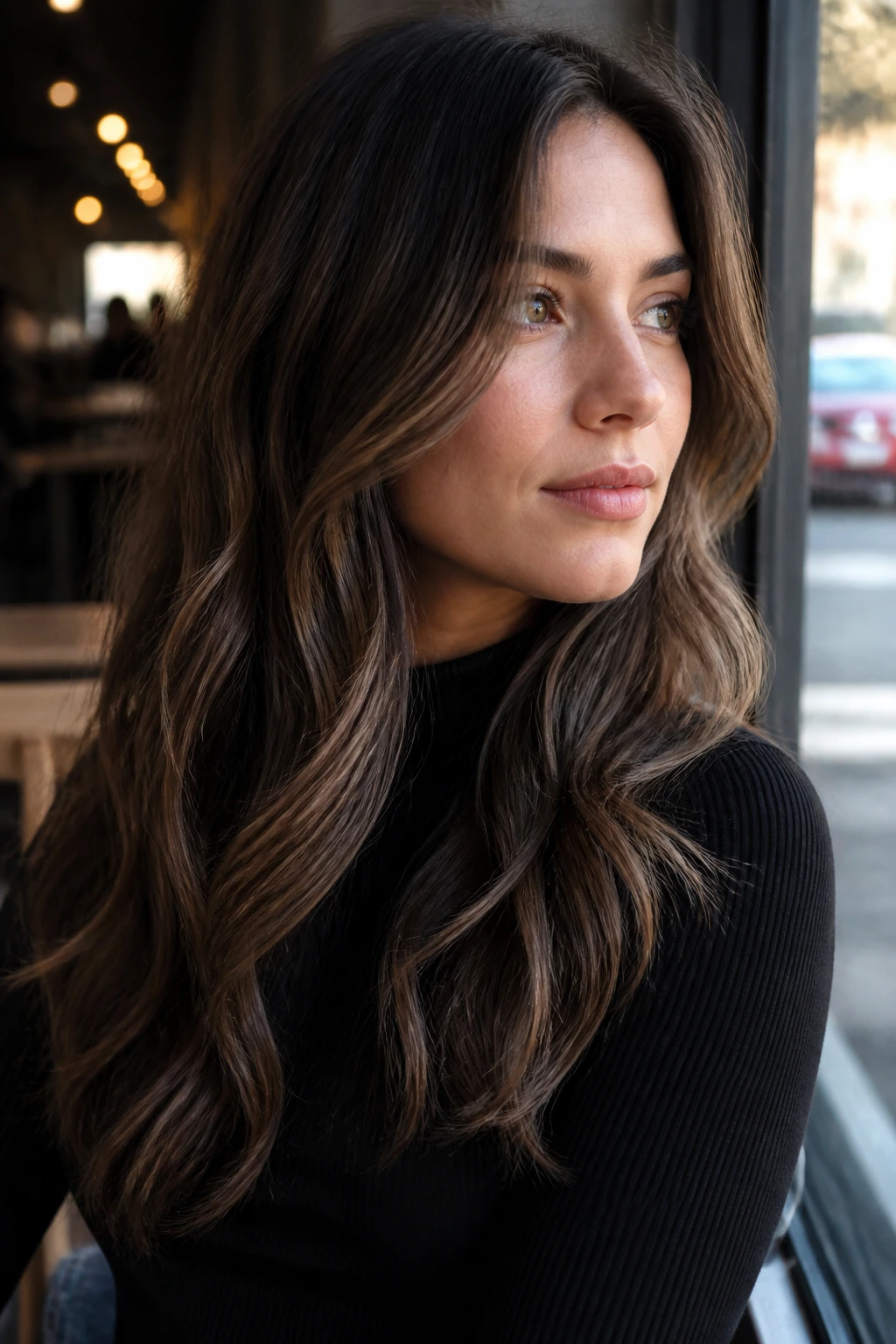 Close-up of a real person with ashy cocoa balayage showing cool brown ribbons and soft contrast.