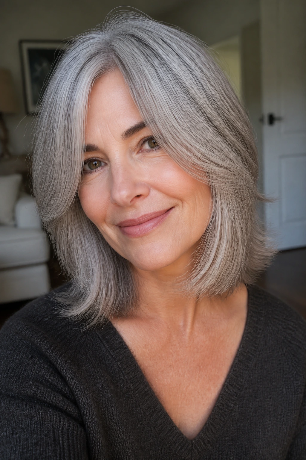 Portrait of a woman with ashy midi cut and airy feathered ends