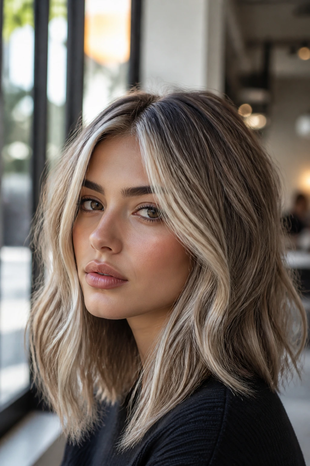 Portrait featuring ashy money-piece blonde front pieces with smoky ash on a real person