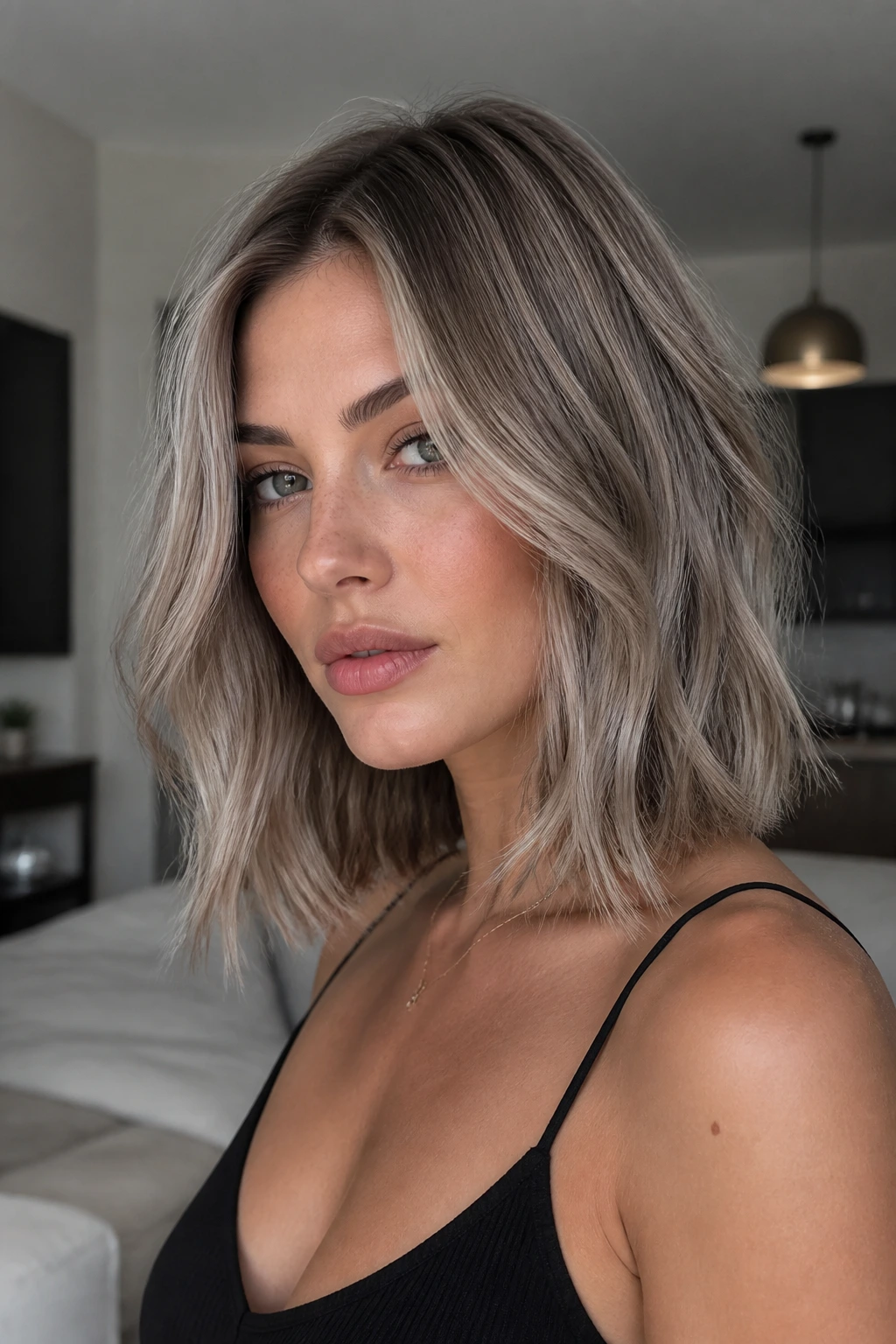 Close-up portrait of a real woman with ashy mushroom lob