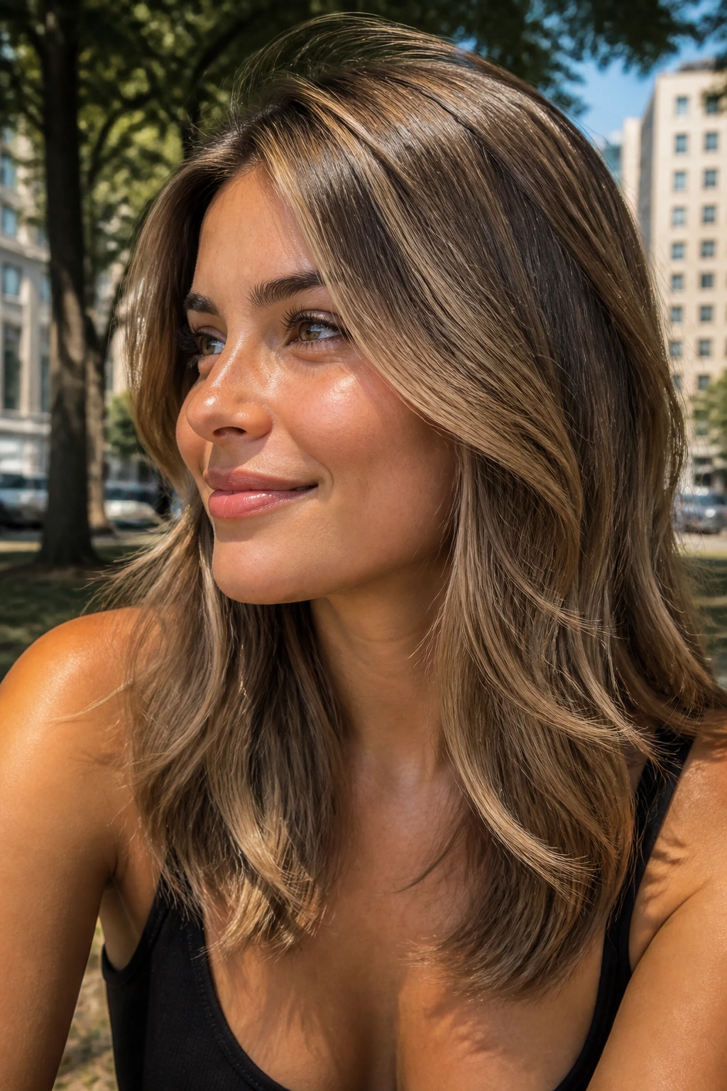 Close-up of a brunette with Ashy Sand Bronde neutral taupe highlights