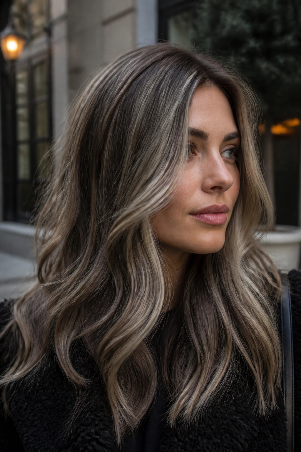 Close-up of a real woman's hair with ashy winter bronde tones