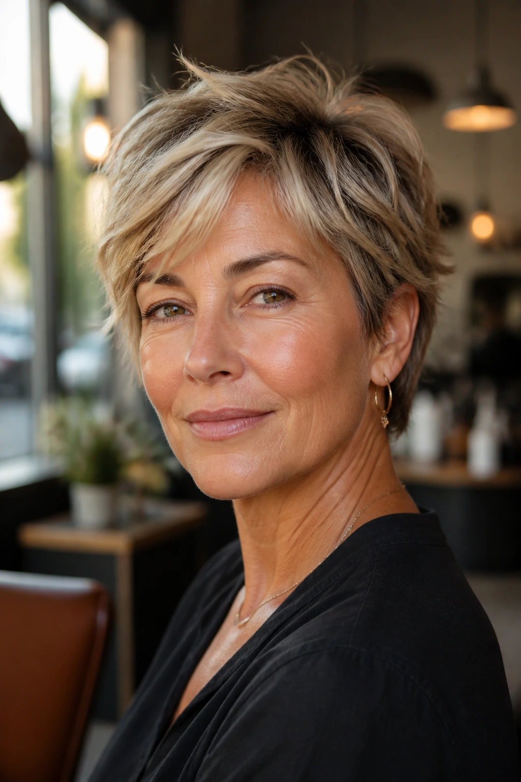Portrait of a woman with feathered short hair in warm window-light setting