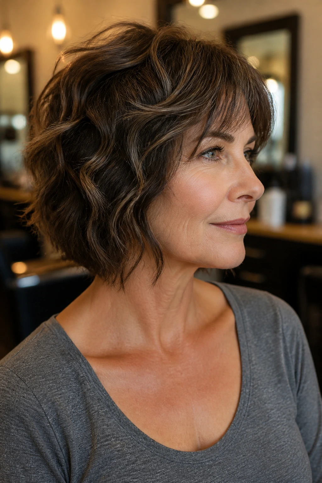 Portrait of a woman asking for a haircut while showing the short shag shape