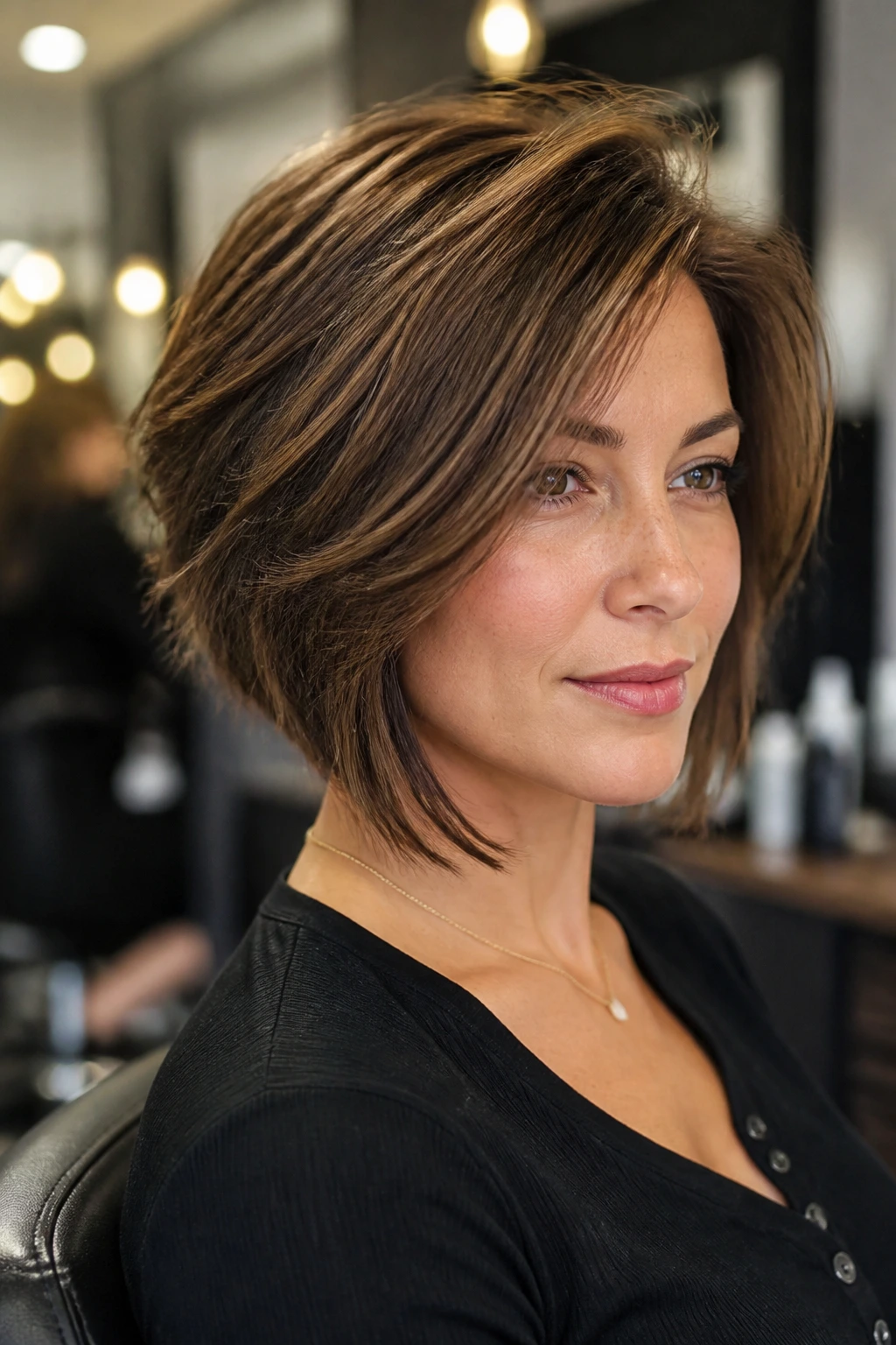 Portrait of a real woman with a layered bob in a calm salon setting.