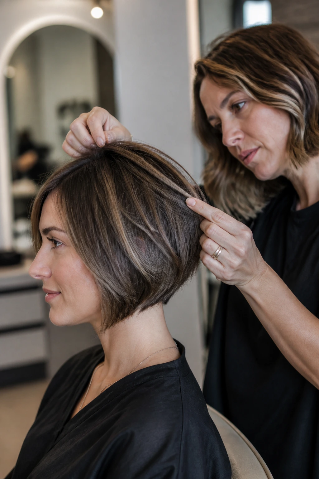 Profile portrait of person asking stylist for the cut