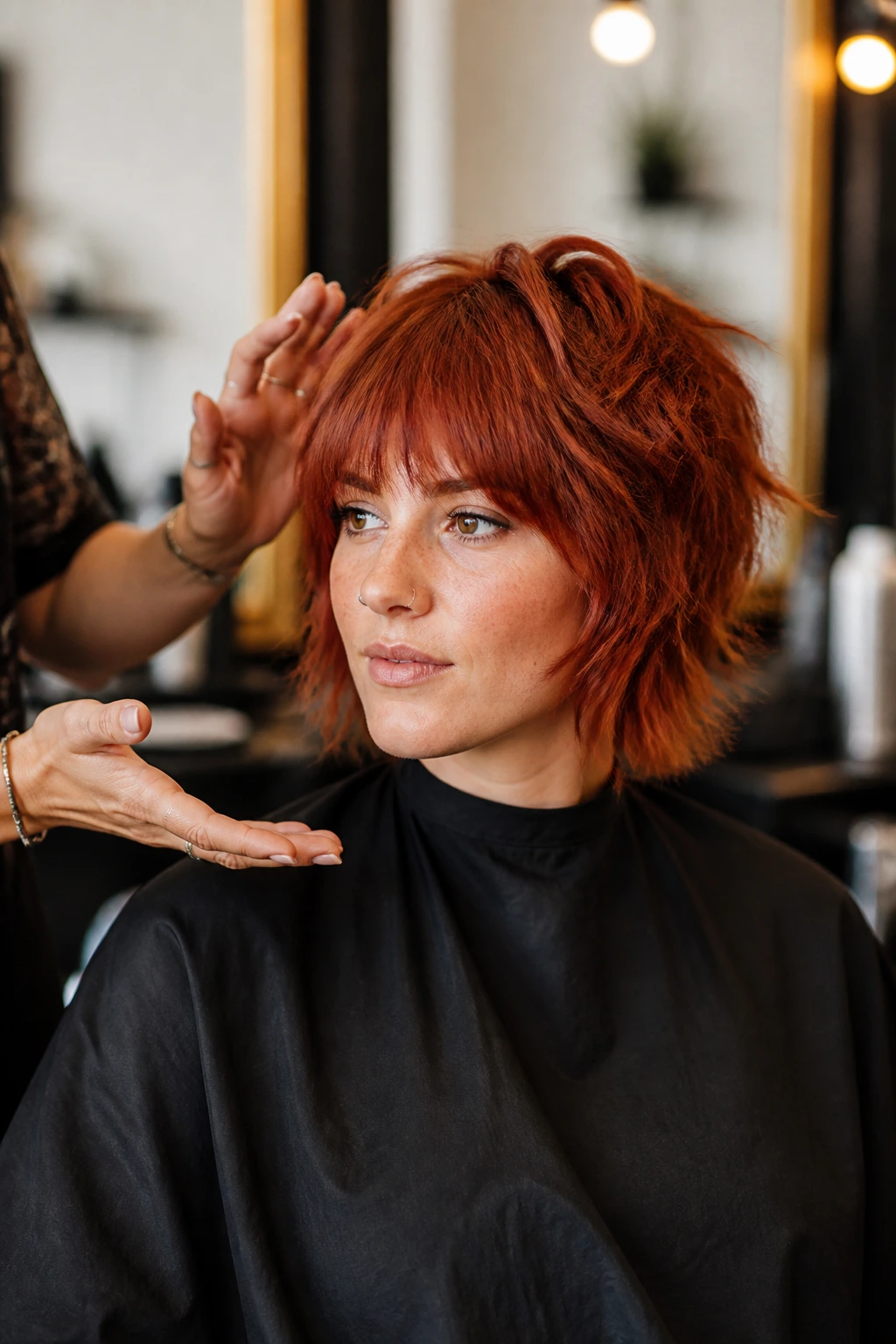 Real client in salon chair discussing shag hairstyle with stylist