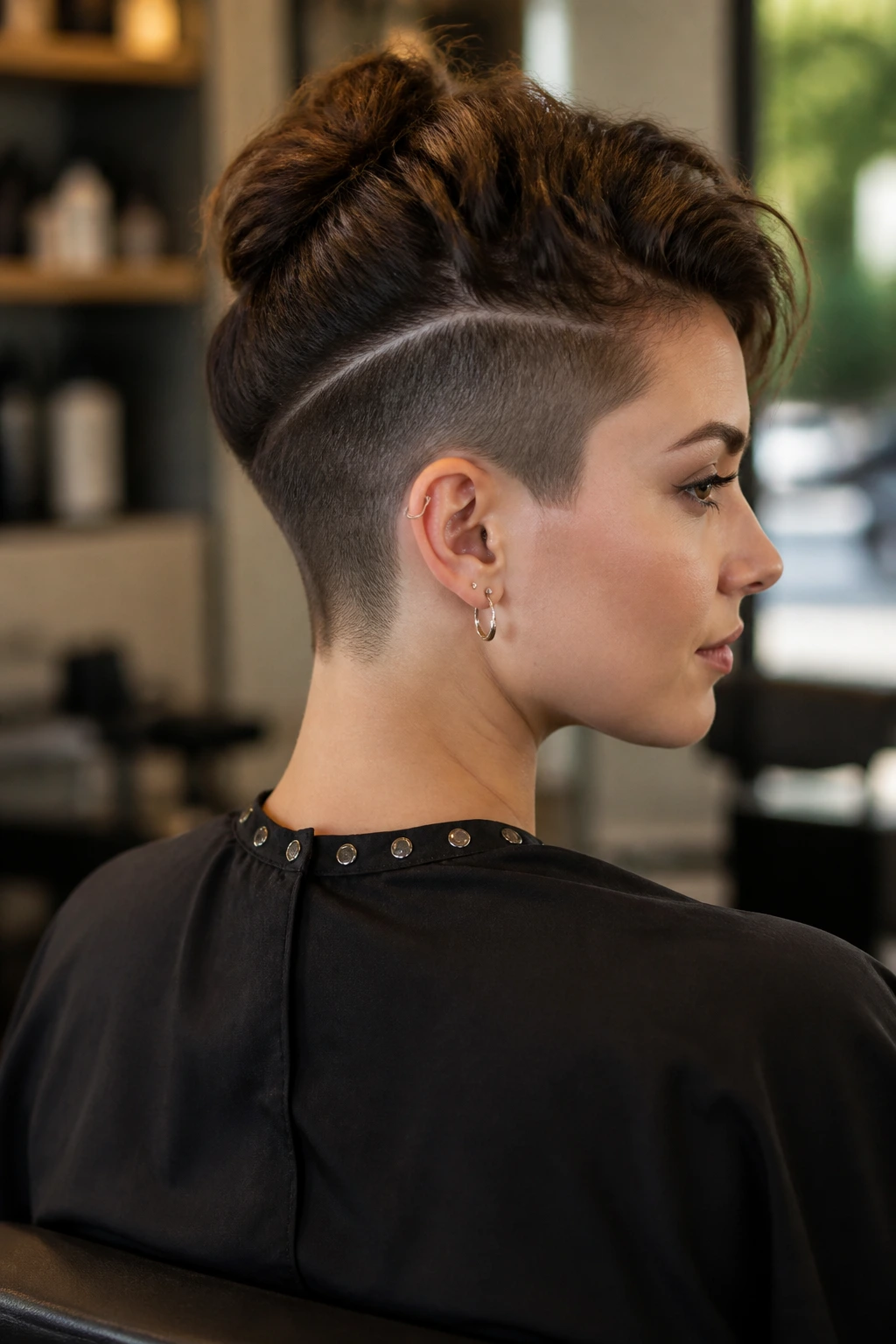 Portrait of a woman in a salon chair showing undercut placement on back and side
