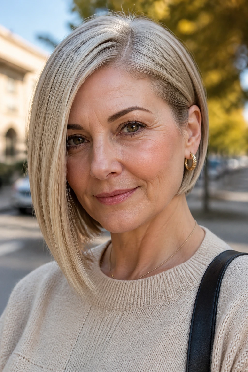 Real woman with asymmetric bob one longer side