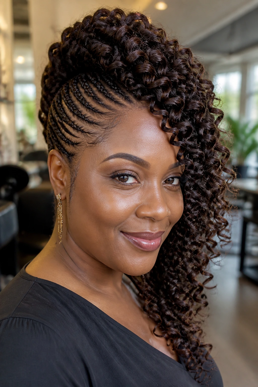 Close-up of a real Black woman with an asymmetric side-braid hawk