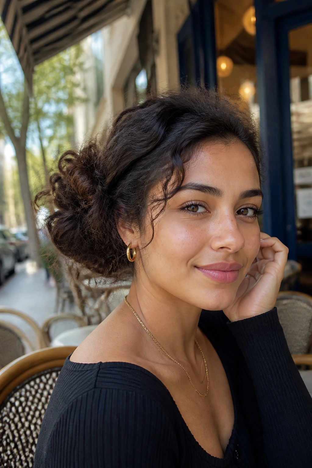 Close-up of Asymmetric Bun off-center on curly hair in street-side cafe setting