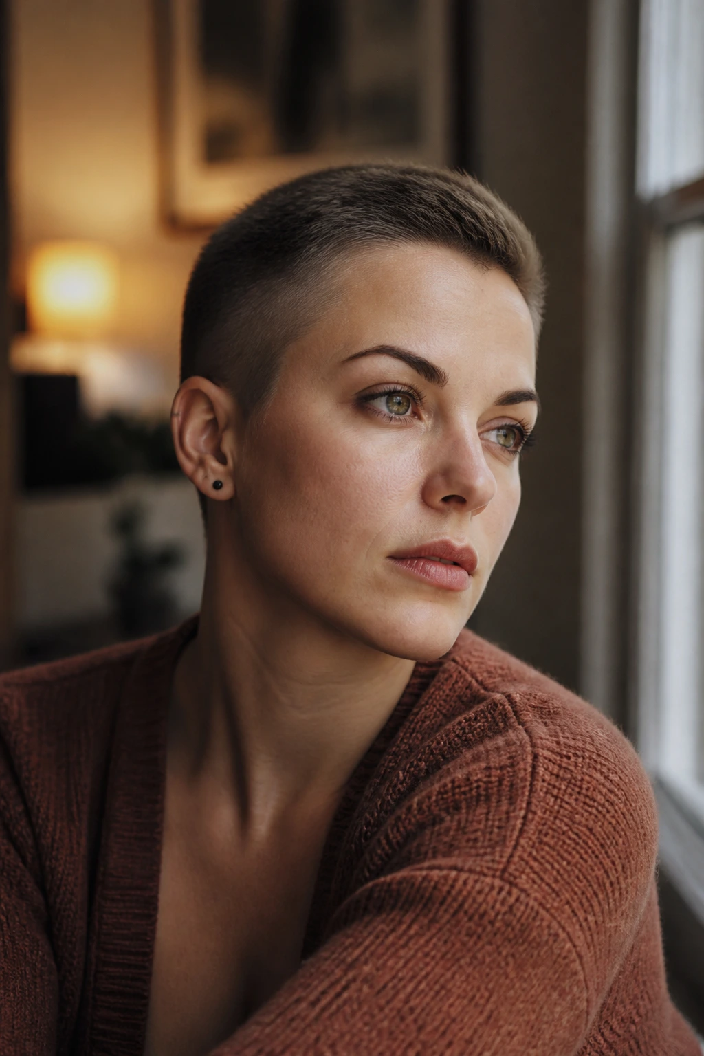 Close-up of a real person with an asymmetric buzz showing one side longer