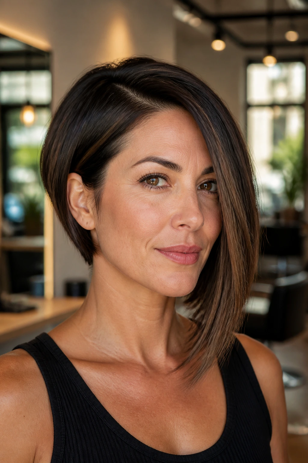 Close-up portrait of person with asymmetric bob: longer front, shorter back, warm salon light