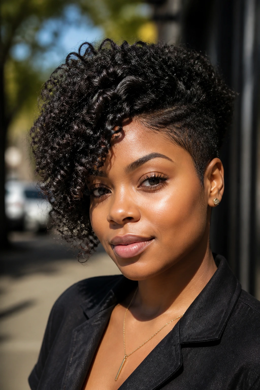 Close-up of real person with asymmetric curly cut wearing a thoughtful expression
